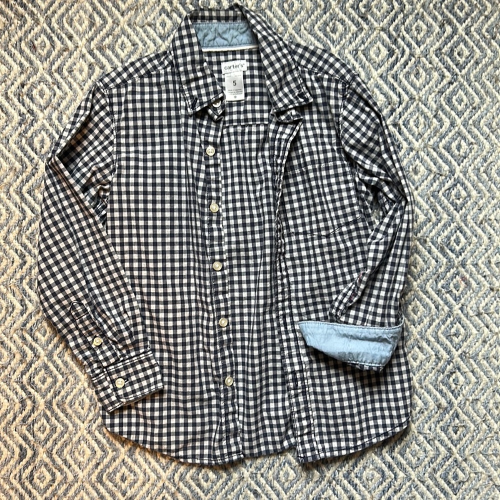 Navy and white button down, crisp cotton.